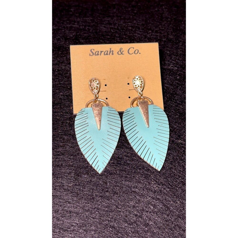 Sarah & Co Mint Turquoise Leaf Drop Earrings Gold Boho Statement NWT